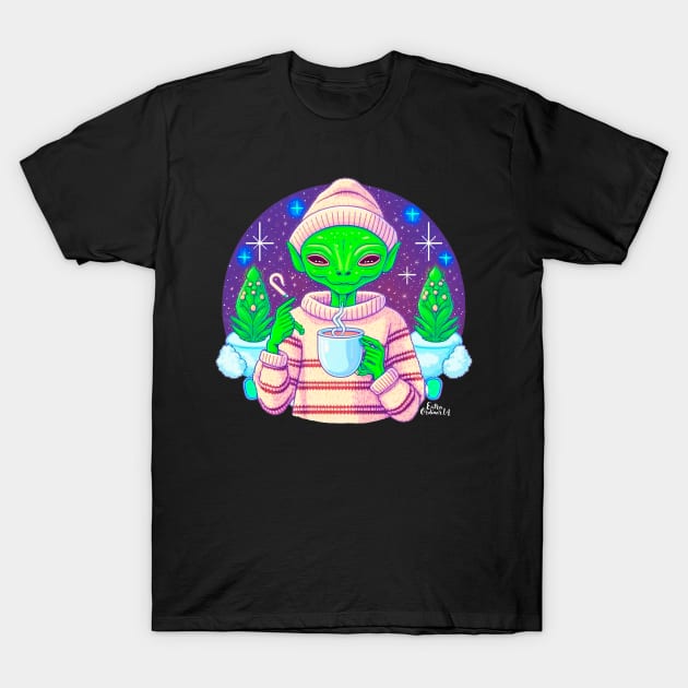 Christmas Funny Alien Drinking Coffee Wearing Sweater T-Shirt by extraordinar-ia